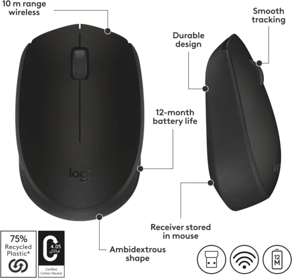 Logitech M170 Wireless Cordless USB Optical Ambidextrous Compact Portable Mouse 2.4GHz